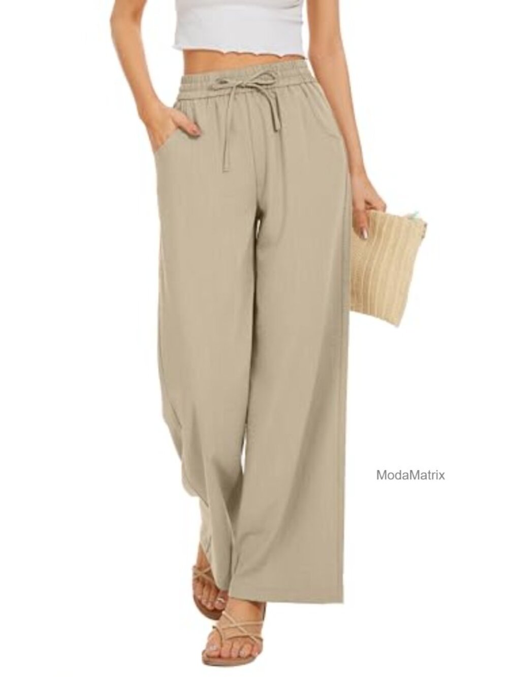 Flowy Wide Leg Palazzo Pants with Pockets - Loose Fit Drawstring Waist